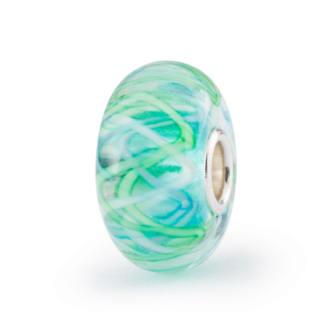 Inside the glass bead thin stripes of pale green, white and light blue formed in a criss-cross pattern.