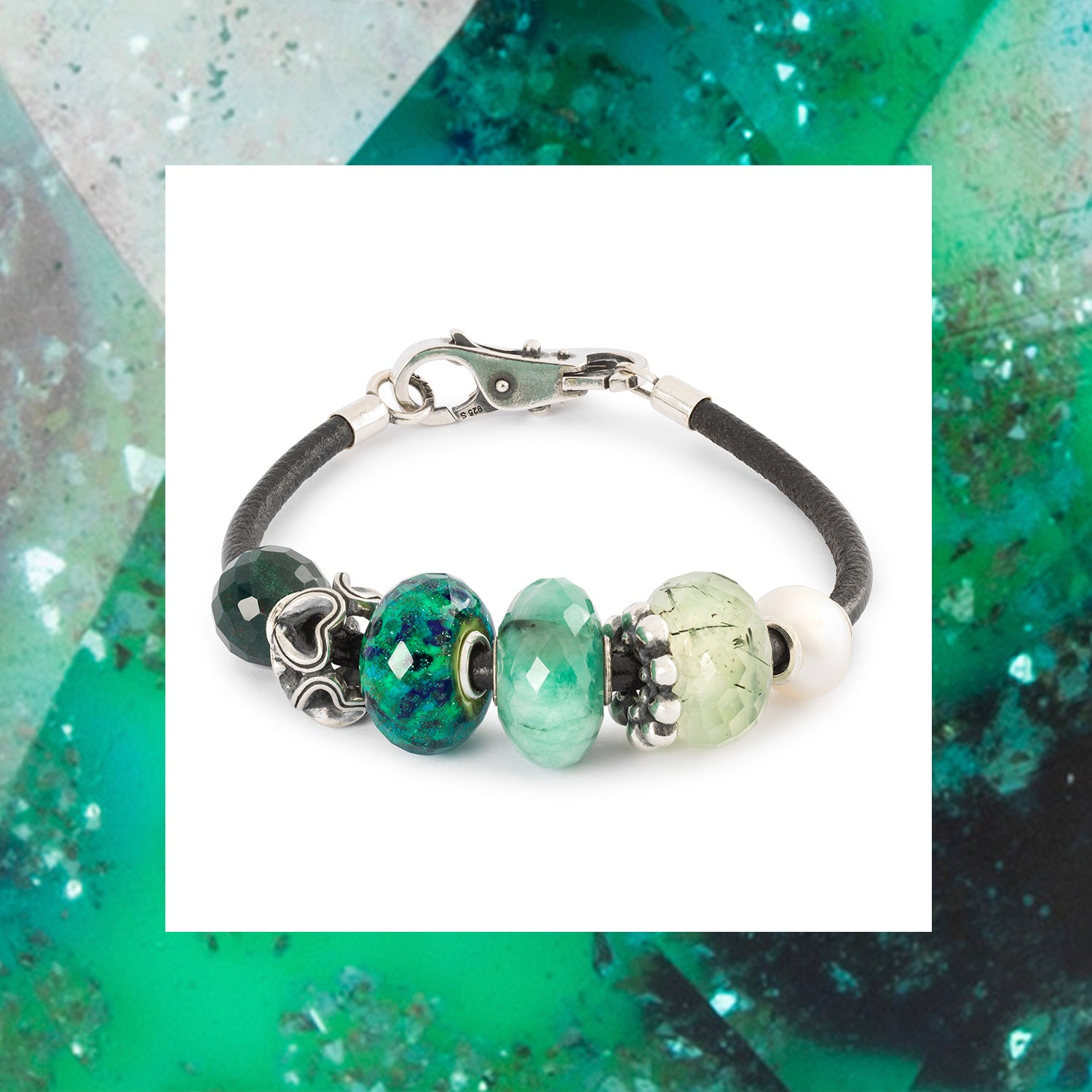 Trollbeads leather bracelet with green hues in gemstone, glass and silver beads 