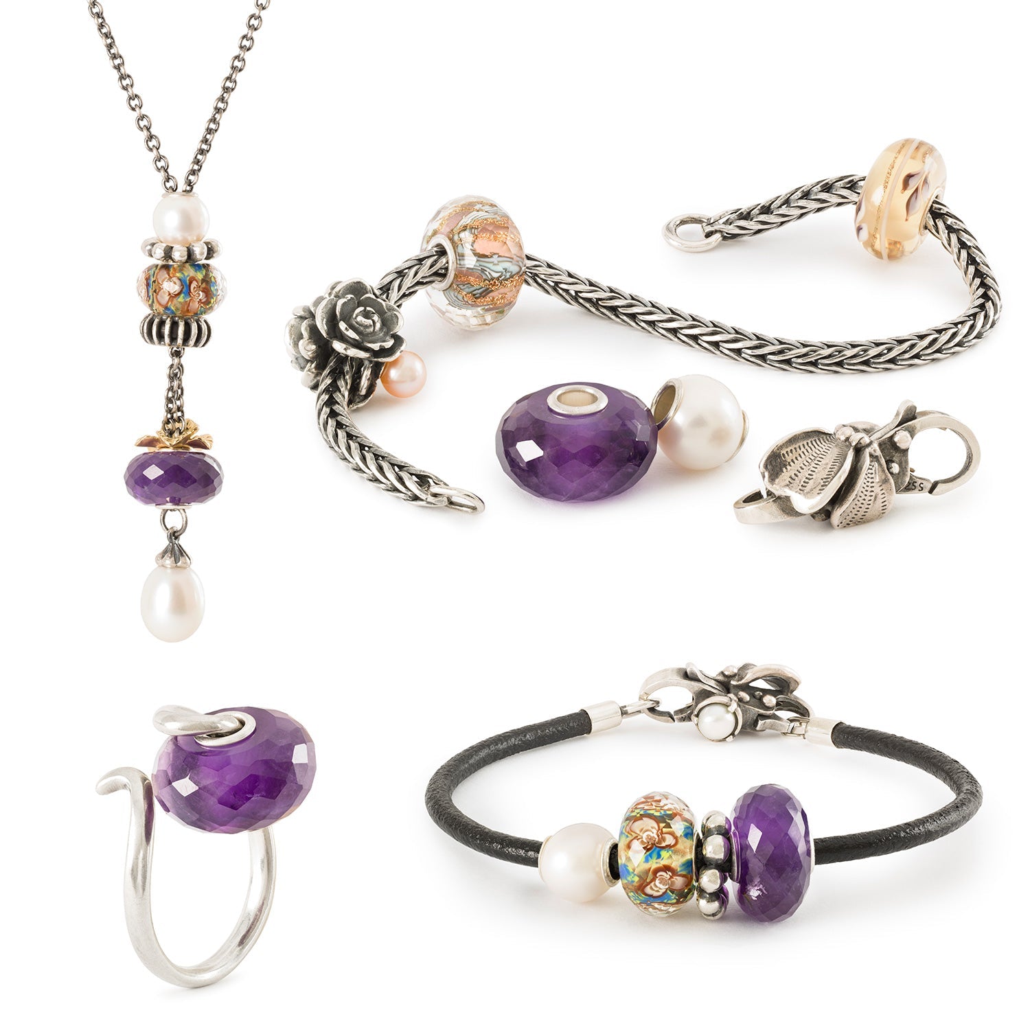 Trollbeads Amethyst bead on different jewellery, necklace, silver bracelet, leather bracelet, silver ring, with complementing beads.