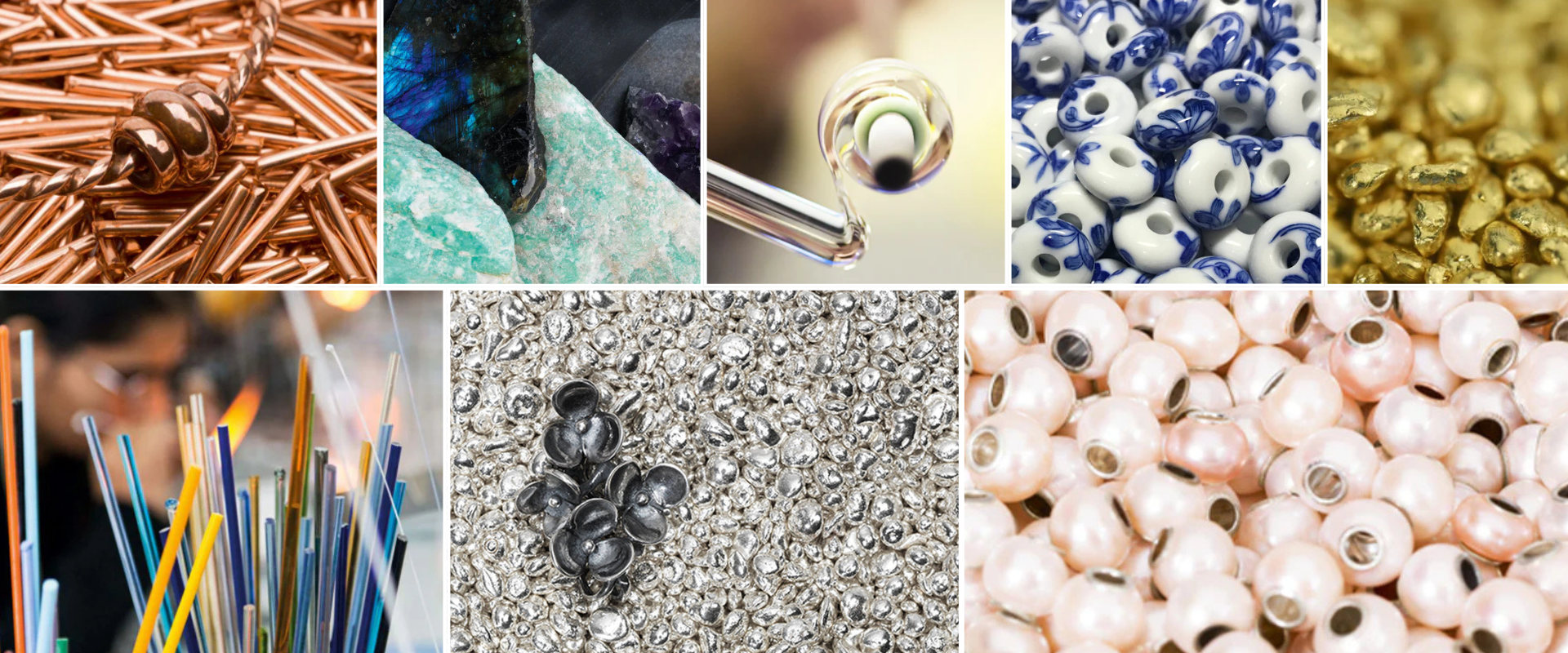 Collage of various beads and jewelry components.
