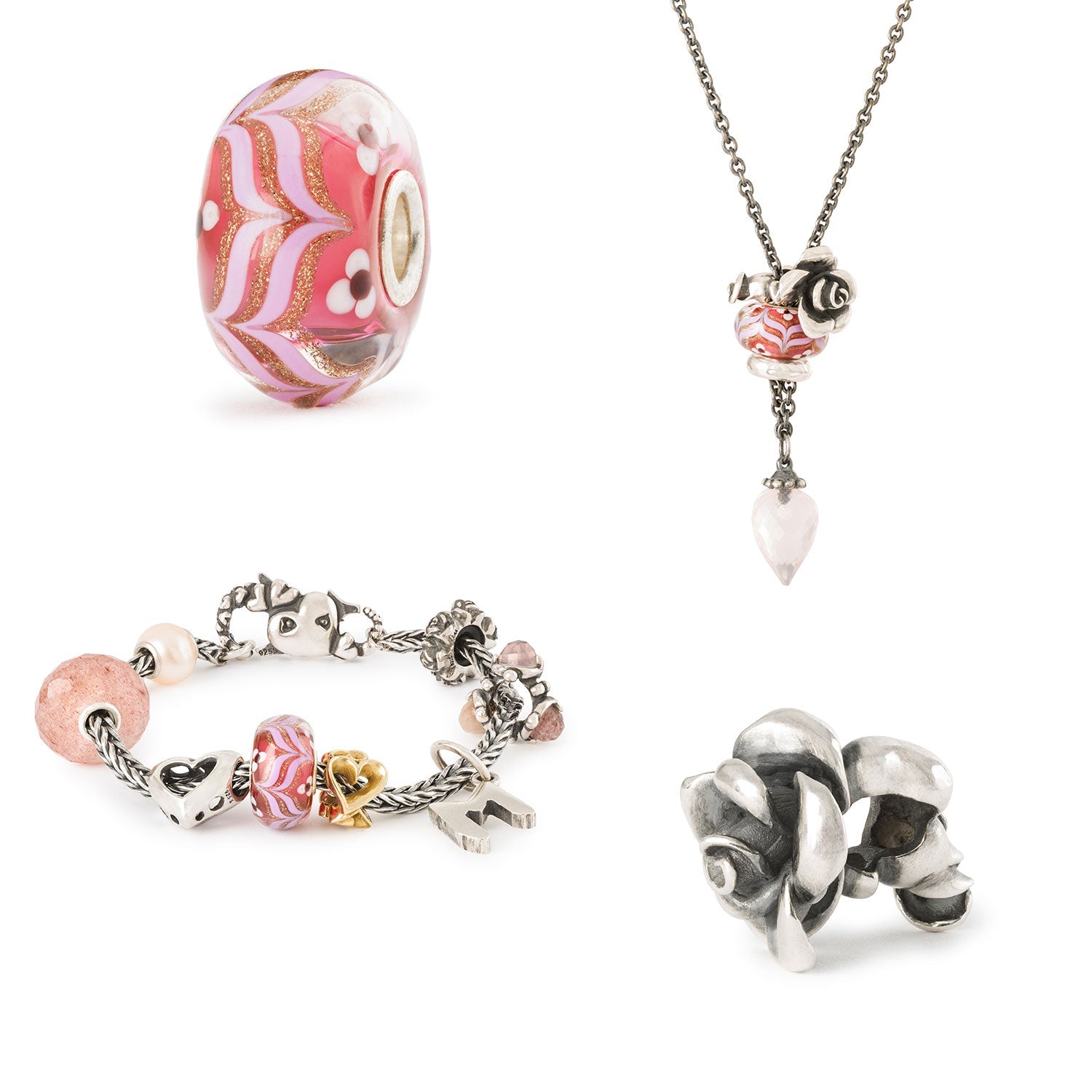 Trollbeads Valentine’s beads 2024 Love declaration silver rose bead and Path of Flowers glass bead shown on a bracelet and necklace