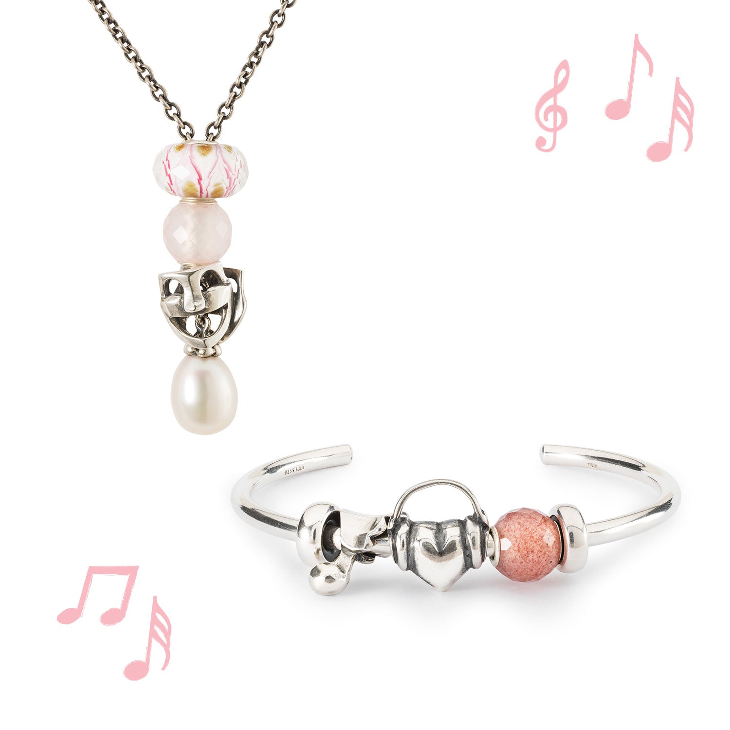 Trollbeads Bangle and necklace with beads in glass, silver, gemstone and pearl all with a music and theater theme
