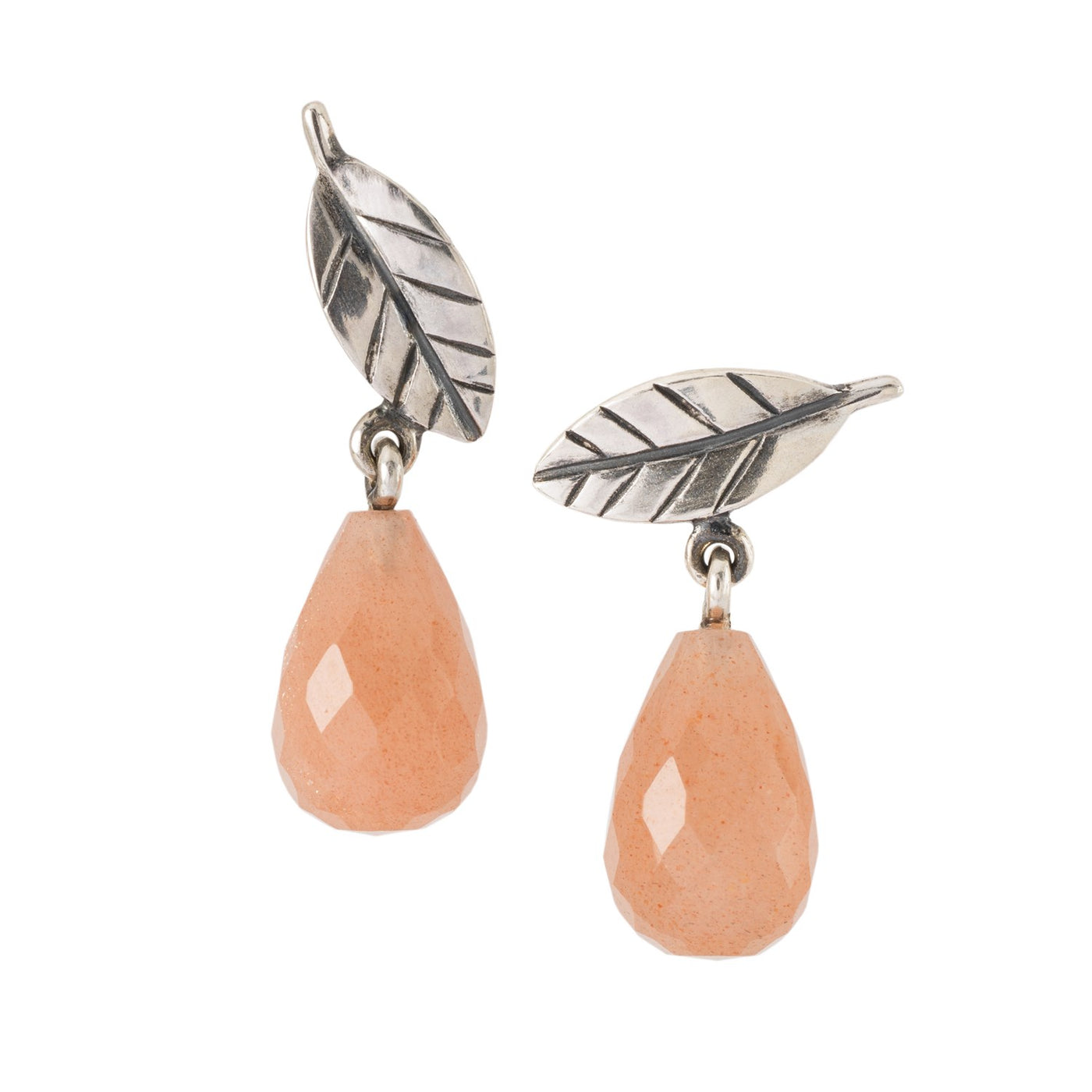 Stylish silver studs with an intricate design featuring delicate leaves with a drop of faceted Feldspar Moonstone hanging from it, with post backs for easy wearing.
