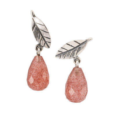 Charming silver studs with an intricate design featuring delicate leaves with a drop of faceted Strawberry Quartz hanging from it, with postbacks for easy wearing.