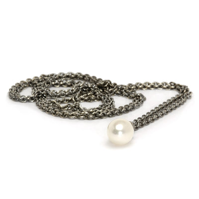 Fantasy necklace with white pearl pendant on a silver chain, suitable for adding beads or pendants for personalization.