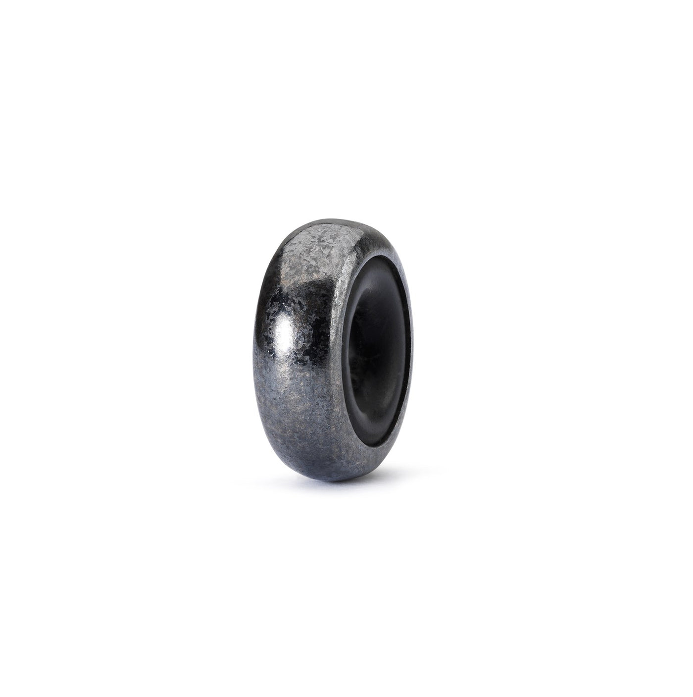 A sleek and stylish spacer bead with a dark, oxidized silver finish that contains rubber in the core to prevent beads from rolling of your bracelet.