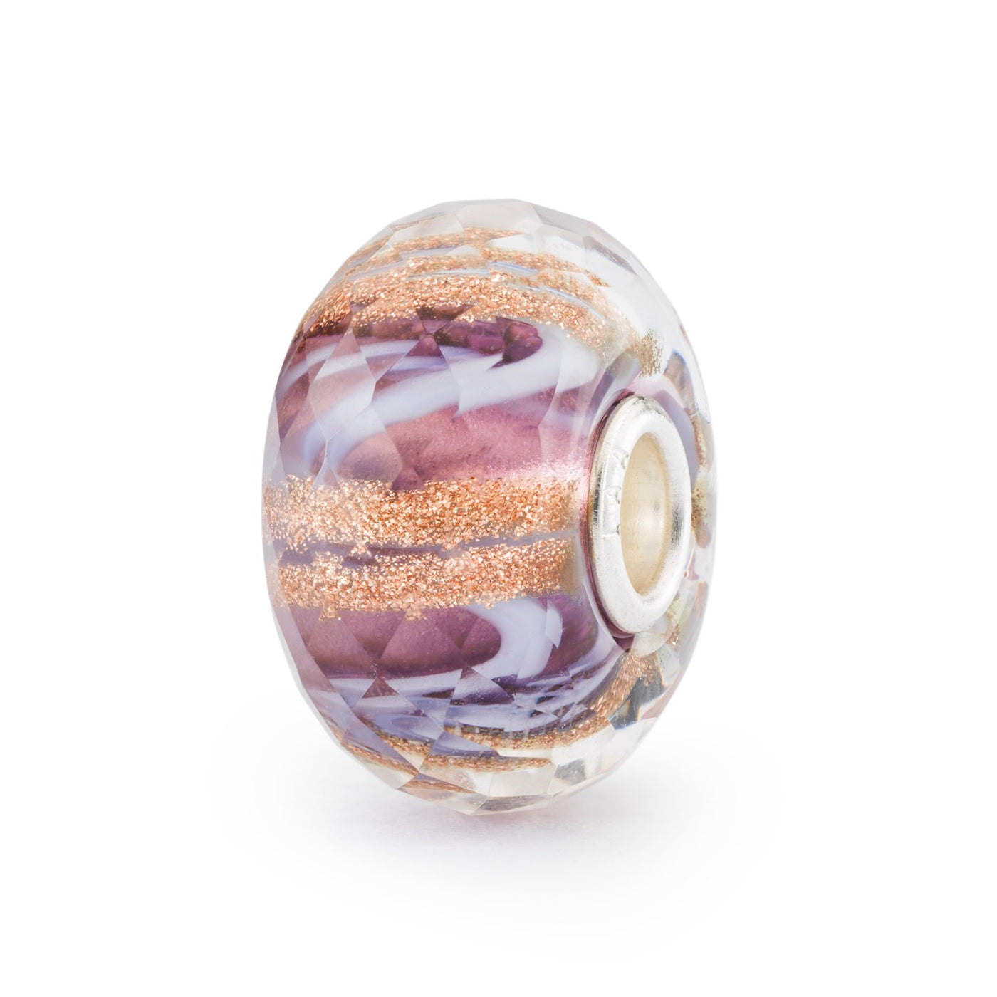 A gorgeous faceted glass bead with a deep violet hue and gold glimmer patterns.