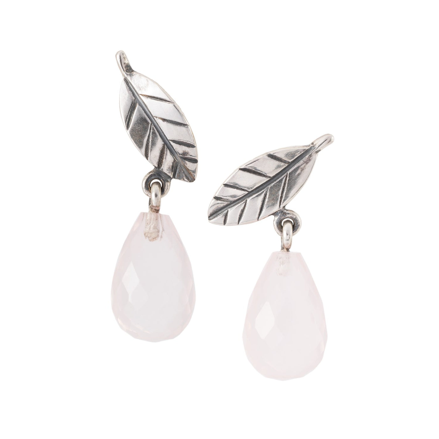 Lovely silver studs with an intricate design featuring delicate leaves with a drop of faceted Rose Quartz hanging from it, with post backs for easy wearing.