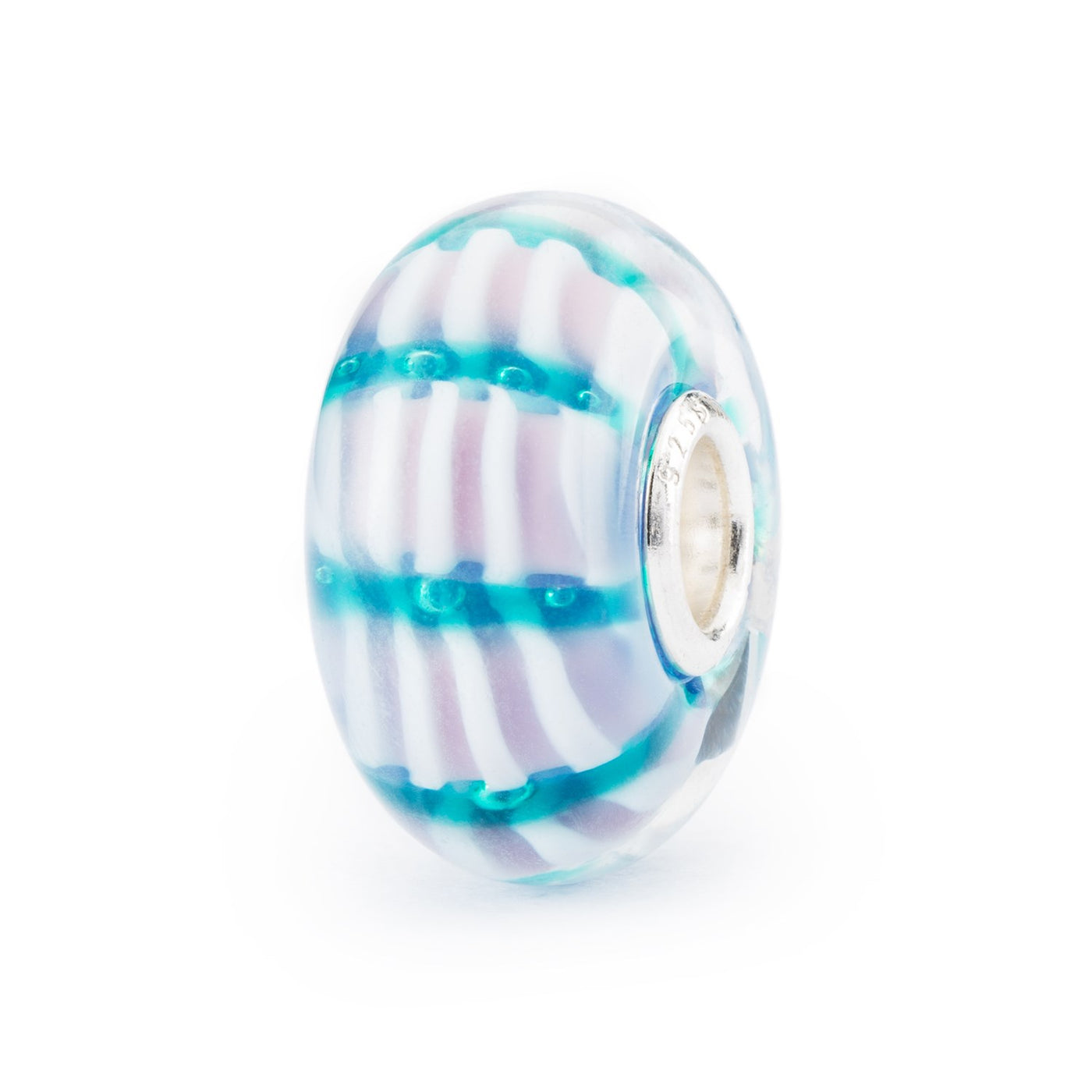 Charming glass bead with blue Blue bands with bobbles stretch across stripes in white and pale lilac inside.