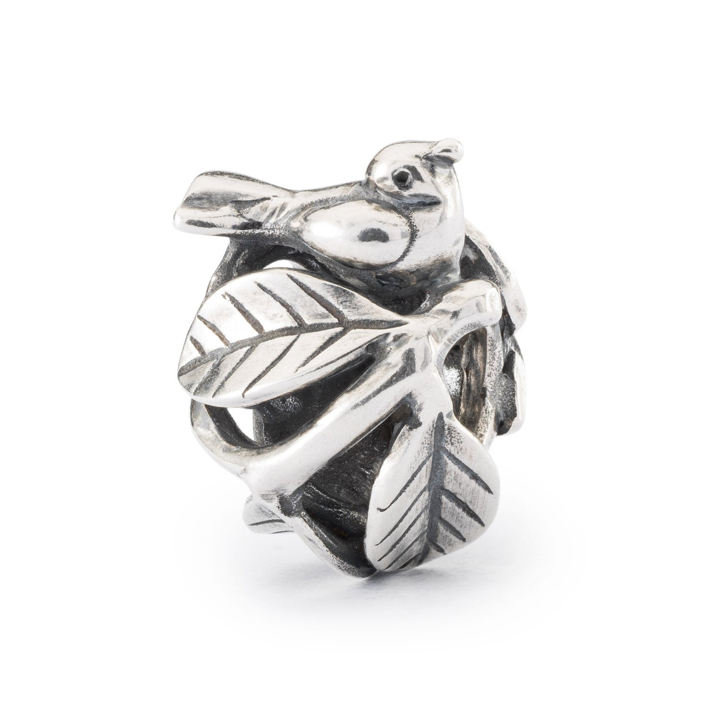 Birds Nest Bead featuring a intricate design of a nest with two birds sitting on top. The bead is made of sterling silver and has a round shape.