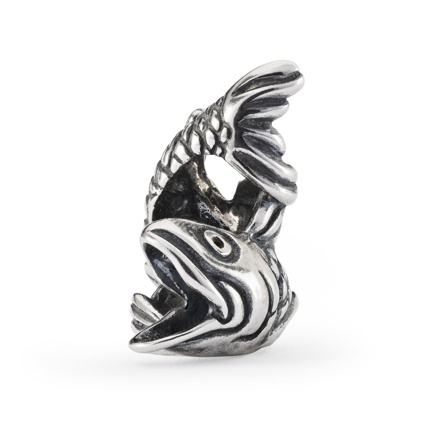 An intricately designed silver pendant featuring a twisted carp koi.